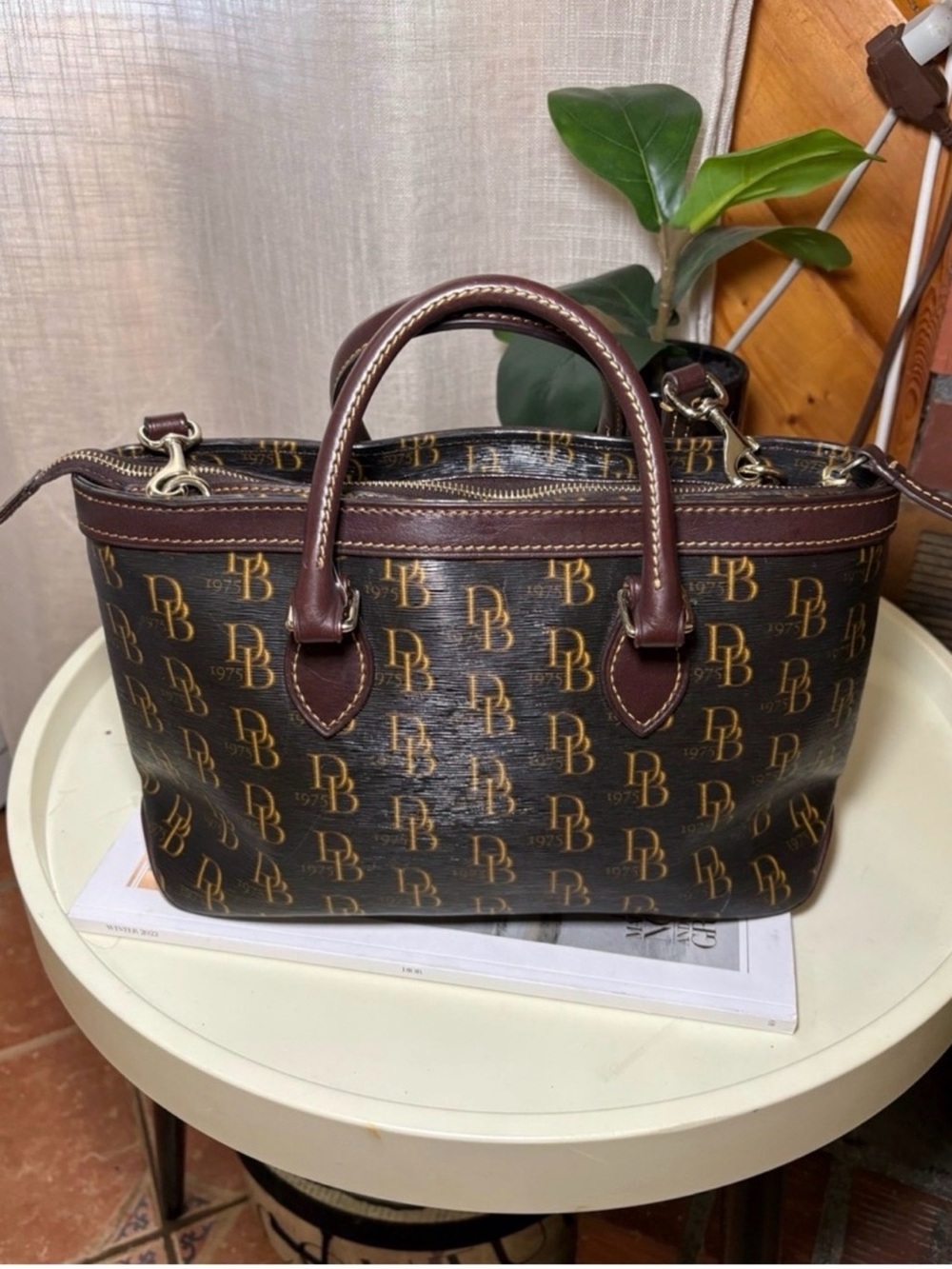 Dooney & Bourke Brown & Tan Signature DB Satchel - Picture 3 of 6
